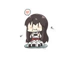  1girl akagi_(kancolle) black_hair brown_eyes chibi commentary_request eating facing_viewer food food_on_face hakama hakama_skirt heart japanese_clothes kantai_collection karin. long_hair onigiri plate red_hakama simple_background solo spoken_heart straight_hair white_background 