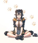  1girl :d absurdres animal_ears arknights ayatama bangs black_footwear black_hair black_jacket breasts brown_eyes brown_neckwear commentary_request dog_ears hair_between_eyes hair_ornament hairclip highres indian_style jacket jackie_(arknights) knee_pads looking_at_viewer medium_breasts necktie open_clothes open_jacket open_mouth partial_commentary paw_print shadow shirt shoes short_hair short_sleeves simple_background sitting smile solo white_background white_shirt 