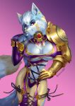  anthro armor armwear behemoth89 big_breasts bikini breasts canid canine canis cleavage clothed clothing cosplay curvy_figure female gear handwear hi_res legwear mammal pink_eyes sling_bikini solo swimwear tights voluptuous wolf 