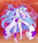  1girl alternate_eye_color amulet anklet aura azura_(fire_emblem) bare_legs bare_shoulders barefoot blue_hair corruption crystalomic dark_persona dress fire_emblem fire_emblem_fates fire_emblem_heroes highres jewelry leaning_to_the_side long_hair long_sleeves looking_at_viewer open_mouth purple_eyes red_background thigh_strap unhappy white_dress 