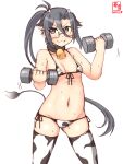  1girl alternate_costume amagiri_(kancolle) animal_ears animal_print artist_logo bell bikini breasts commentary_request cow_ears cow_girl cow_horns cow_print cow_tail cowbell dated dumbbell glasses grey_eyes grey_hair grin hair_between_eyes highres horns kanon_(kurogane_knights) kantai_collection long_hair looking_at_viewer navel neck_bell one-hour_drawing_challenge ponytail print_bikini print_legwear simple_background small_breasts smile solo standing sweat swimsuit tail thighhighs tsurime very_long_hair weightlifting white_background 