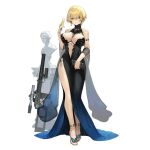  1girl bag bare_shoulders between_breasts black_dress blonde_hair blue_dress blue_eyes blush breasts bug butterfly closed_mouth commentary_request cup dress dress_flower drinking_glass earrings eyebrows_visible_through_hair full_body girls_frontline gun hair_ornament handbag high_heels highres holding holding_bag holding_cup insect jewelry large_breasts legs looking_at_viewer medium_hair mole mole_on_breast mole_under_eye nail_polish navel necklace official_art rifle shiny shiny_hair shiny_skin short_hair simple_background siqi_(miharuu) sleeveless sleeveless_dress snowflake_hair_ornament solo standing statue thighs toeless_footwear turtleneck vsk-94 vsk-94_(girls_frontline) weapon white_background wine_glass yellow_footwear 