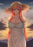  1girl absurdres breasts cloud cloudy_sky commission commissioner_upload dress evening hat hat_ornament highres hill lamia long_hair looking_at_viewer miia_(monster_musume) monster_girl monster_musume_no_iru_nichijou moon_mirage pointy_ears red_hair scales sky slit_pupils smile solo straw_hat sundress sunset wide_hips yellow_eyes 