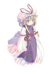  1girl absurdres age_regression blonde_hair dress flat_chest frilled_dress frills hat hat_ribbon highres long_hair long_sleeves mob_cap pillow_hat pop_(electromagneticwave) purple_eyes red_ribbon ribbon tabard touhou trigram white_dress wide_sleeves yakumo_yukari yakumo_yukari_(young) yin_yang yin_yang_print younger 