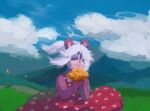  anthro bouquet_of_flowers clothed clothing cloud dress eyes_closed eyewear female fur glasses holding_object mammal mountain polka_dots rodent sciurid shortwings smile solo tree_squirrel valerie_(shortwings) wind 
