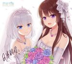  2girls :d bangs bare_shoulders blue_eyes blue_flower blue_rose blush bouquet breasts brown_hair character_request cleavage closed_mouth collarbone commentary_request copyright_name dress elbow_gloves eyebrows_visible_through_hair flower gloves hair_between_eyes hair_flower hair_ornament hitsuki_rei jewelry looking_at_viewer medium_breasts multiple_girls necklace open_mouth pearl_necklace petals pink_flower pink_rose purple_eyes purple_flower purple_rose rose see-through silver_hair smile snowdreams_-lost_in_winter- strapless strapless_dress tiara veil white_background white_dress white_flower white_gloves white_rose 