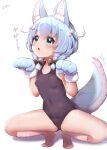  1girl absurdres animal_ear_fluff animal_ears bangs blue_eyes blue_hair blush bow breasts commentary_request covered_navel eyebrows_visible_through_hair gloves hair_bow hair_ornament highres kneehighs koyomi_(shironeko_project) one-piece_swimsuit open_mouth paw_gloves paws school_swimsuit shironeko_project short_hair simple_background small_breasts socks solo spread_legs squatting sweat swimsuit tail tail_wagging white_background yufukiri 