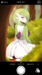  1girl absurdres androgynous ass blush bob_cut bush camera colored_skin curvy dress feet forest fraankyy from_behind gardevoir gen_3_pokemon green_hair green_skin hair_over_one_eye highres looking_at_viewer looking_back nature open_mouth outdoors pokemon red_eyes short_hair sitting sitting_on_floor solo_focus taking_picture thick_thighs thighs tongue white_dress white_skin wide_hips 