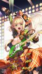  1girl ahoge arm_up bangs blonde_hair blush braid breasts fate/extra fate/grand_order fate_(series) french_braid green_eyes green_shirt guitar hair_between_eyes hair_intakes hair_ornament highres instrument large_breasts long_hair long_sleeves looking_at_viewer lostroom_outfit_(fate) nero_claudius_(fate) nero_claudius_(fate)_(all) open_clothes open_mouth open_shirt orange_skirt plectrum shirt side_ponytail skirt smile suryua sweat 