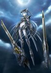  1girl absurdres android armor arms_at_sides breastplate cannon cloud cloudy_sky colored_skin commentary_request fantasy faulds floating full_body helmet highres humanoid_robot joints light_blue_eyes light_blue_hair long_hair looking_at_viewer me_ganchyo moon moonlight navel original plantar_flexion robot_joints sky solo valkyrie very_long_hair white_skin 