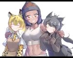  3girls absurdres animal_ears animal_print arm_around_shoulder bangs bare_shoulders beanie black_hair black_leopard_(kemono_friends) blonde_hair blush bow bowtie closed_eyes closed_mouth collarbone collared_shirt constricted_pupils dark-skinned_female dark_skin elbow_gloves extra_ears eyebrows_visible_through_hair eyes_visible_through_hair fang fang_out gloves gm_(ggommu) gorilla_(kemono_friends) hair_between_eyes hand_on_another&#039;s_shoulder hands_up hat height_difference highres kemono_friends leopard_(kemono_friends) leopard_ears leopard_print long_hair medium_hair midriff multicolored_hair multiple_girls navel necktie orange_eyes pleated_skirt print_gloves print_neckwear shirt short_sleeves side-by-side simple_background skirt smile stomach surprised sweater_vest swept_bangs tank_top toned white_background white_hair wing_collar yellow_eyes 
