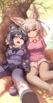  2girls animal_ears arm_rest bangs black_hair blonde_hair blush bodystocking bow bowtie breast_pocket closed_eyes common_raccoon_(kemono_friends) dappled_sunlight day extra_ears eyebrows_visible_through_hair fennec_(kemono_friends) fox_ears fox_girl fox_tail fur_collar grass grey_hair hair_between_eyes hand_rest head_on_head highres holding_hands interlocked_fingers kemono_friends layered_sleeves leaning_back long_sleeves medium_hair melaton miniskirt multicolored_hair multiple_girls on_grass on_ground open_mouth outdoors parted_bangs parted_lips pink_sweater platinum_blonde_hair pleated_skirt pocket purple_sweater raccoon_ears raccoon_girl raccoon_tail shade shoes short_over_long_sleeves short_sleeve_sweater short_sleeves sitting skirt sleeping spread_legs sunlight sweater tail tree tree_shade under_tree 