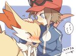  anthro auko blush blush_lines braixen calem_(pok&eacute;mon) canid canine clothing digital_drawing_(artwork) digital_media_(artwork) duo embarrassed headpat human japanese_text looking_aside looking_at_another looking_at_partner love male mammal mouth_closed nintendo pok&eacute;mon pok&eacute;mon_(species) text video_games 