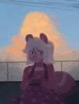 anthro buckteeth camera clothed clothing cloud dress eyewear female fence fur glasses hair hi_res holding_camera holding_object mammal pink_eyes polka_dots rodent sciurid shortwings smile solo teeth tree_squirrel valerie_(shortwings) 