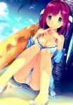  1girl ao_no_kanata_no_four_rhythm bikini blue_eyes blue_jacket breasts cleavage cloud hands_together highres ichinose_rika innertube jacket knees_together_feet_apart knees_up legs off_shoulder official_art outdoors palm_tree purple_hair sandals short_hair sky smile solo suzumori swimsuit thighs tree white_bikini 