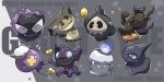  &gt;_&lt; ? closed_eyes commentary_request designer_ojisan drifloon duskull fangs flying_sweatdrops gastly gen_1_pokemon gen_3_pokemon gen_4_pokemon gen_5_pokemon gen_6_pokemon gen_7_pokemon highres holding litwick mimikyu no_humans open_mouth phantump pokemon pokemon_(creature) pumpkaboo sableye shuppet smile star_(symbol) twitter_username 