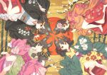  4girls animal_ear_fluff animal_ears bell floral_print fox_ears from_above green_kimono grey_kimono grey_sash hair_bell hair_ornament hand_up haori japanese_clothes jingle_bell jonsun kimono long_sleeves looking_at_viewer lying medium_hair multiple_girls obi on_back on_side orange_eyes original parted_lips print_kimono purple_sash red_kimono sash tassel wide_sleeves yellow_kimono 