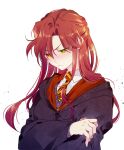  1girl blush crossed_arms gryffindor hair_between_eyes harry_potter lily_potter long_hair looking_down necktie nipye pout red_hair robe solo white_background yellow_eyes 