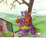  anthro balls_outline big_bulge blush bodily_fluids bulge canid canine canis caress clothing dialogue duo eyes_closed fox fox_mccloud fur genital_fluids genital_outline green_clothing grey_body grey_fur groping_butt hug licking male male/male mammal muscular neck_lick nintendo orange_body orange_fur outside paws penis_outline plant precum purple_clothing saint_lum star_fox text tongue tongue_out tree underwear video_games wolf wolf_o&#039;donnell 