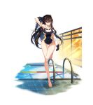  1girl absurdres arm_behind_head arm_up armpits bare_arms bare_shoulders barefoot black_swimsuit blue_eyes breasts brown_hair cleavage competition_swimsuit counter_side goggles goggles_removed highleg highleg_swimsuit highres huge_filesize incredibly_absurdres karin_wong large_breasts leg_up long_hair looking_at_viewer mouth_hold official_art one-piece_swimsuit pool solo standing standing_on_one_leg swimsuit thighs transparent_background very_long_hair wet 