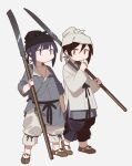  2girls bangs black_hair blue_eyes fangdan_runiu headwear holding holding_weapon looking_at_viewer multiple_girls original red_eyes simple_background weapon 