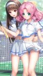  2girls :d bangs bow brown_hair collarbone collared_shirt curly_hair doukyuusei_another_world eyebrows_visible_through_hair game_cg green_eyes hair_bow hairband hand_on_another&#039;s_hip holding kakyuusei long_hair midriff minagawa_nana miniskirt multiple_girls navel official_art open_mouth panties pantyshot pink_hair pleated_skirt racket red_eyes shiny shiny_hair shirt short_sleeves skirt smile sportswear standing stomach tennis_court tennis_net tennis_racket tennis_uniform underwear very_long_hair white_hairband white_panties white_shirt white_skirt wing_collar yellow_bow yuuki_mizuho 