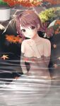  1girl autumn autumn_leaves bangs braid breasts brown_eyes brown_hair cleavage closed_mouth collarbone completely_nude doukyuusei_2 doukyuusei_another_world eyebrows_visible_through_hair game_cg hair_between_eyes hair_ribbon leaf long_hair maple_leaf medium_breasts nagashima_kumiko nude official_art onsen partially_submerged red_ribbon ribbon shiny shiny_hair sitting smile solo twin_braids water 