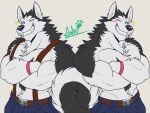  2017 anthro belt belt_buckle biceps blinking blue_eyes blush canid canine canis clothed clothing crossed_arms curled_tail domestic_dog duo extracurricular_activities grin hi_res husky male mammal muscular muscular_anthro muscular_male nordic_sled_dog oleola123 pecs signature simple_background smile sparkles spencer_(extracurricular_activities) spitz suspenders tagme topless white_background 