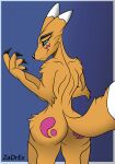  absurd_res anthro bandai_namco big_breasts breasts butt claws digimon digimon_(species) digital_media_(artwork) female fur hi_res huge_breasts looking_at_viewer looking_back nude rear_view renamon simple_background smile solo white_body white_fur yellow_body yellow_fur zadrex 