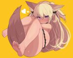  1girl animal_ears barefoot blonde_hair blush breasts chain dark_elf dark_elven_forest_ranger elf extra_ears feet fox_ears fox_tail full_body heart highres huge_breasts last_origin long_hair looking_at_viewer nude pointy_ears purple_eyes rose_neru simple_background solo tail twintails two_side_up yellow_background 