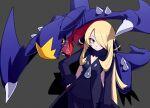  1girl black_background black_coat black_pants black_shirt blonde_hair blue_eyes closed_mouth coat commentary cynthia_(pokemon) fur-trimmed_coat fur_trim garchomp gen_4_pokemon hair_ornament hair_over_one_eye hand_on_hip highres long_hair long_sleeves looking_at_viewer open_mouth orange_eyes pants pokemon pokemon_(creature) pokemon_(game) pokemon_dppt sharp_teeth shirt simple_background smile spikes standing teeth very_long_hair yachima_tana 