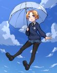  1girl bangs black_footwear black_legwear black_neckwear blue_eyes blue_skirt blue_sky blue_sweater blue_umbrella braid cloud cloudy_sky commentary day dress_shirt emblem floating girls_und_panzer highres holding holding_umbrella kimi_tsuru loafers long_sleeves looking_at_viewer miniskirt necktie open_mouth orange_hair orange_pekoe_(girls_und_panzer) outdoors pantyhose parted_bangs pleated_skirt school_uniform shirt shoes short_hair skirt sky solo st._gloriana&#039;s_school_uniform sweater tied_hair umbrella v-neck white_shirt wing_collar 