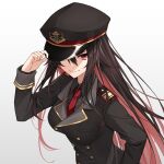 1girl bangs black_hair black_shirt black_suit breasts buttons colored_inner_hair commentary double-breasted epaulettes formal hair_between_eyes hand_on_headwear hat healther highres large_breasts long_hair long_sleeves looking_at_viewer military multicolored_hair one_eye_covered original peaked_cap pink_hair red_eyes red_neckwear shirt simple_background solo suit two-tone_hair upper_body very_long_hair white_background wing_collar 