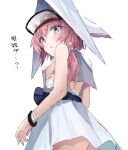  1girl :o arknights black_wristband blue_eyes breasts commentary dress highres looking_at_viewer pink_hair purestream_(arknights) purple_sash raw_egg_lent sash side_ponytail simple_background sketch small_breasts solo sweatdrop symbol_commentary visor_cap white_background white_dress white_headwear wrist_straps 