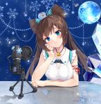  1girl animal_on_head bangs bell bird blue_eyes blurry blurry_background blush breasts brown_hair center_frills character_request cleavage cleavage_cutout closed_mouth clothing_cutout collared_shirt commentary_request crystal depth_of_field eyebrows_visible_through_hair food frills hand_up head_tilt highres indie_virtual_youtuber jingle_bell korean_commentary kutata long_hair medium_breasts microphone on_head pocky reflection shirt sleeveless sleeveless_shirt smile snowflakes solo twintails upper_body virtual_youtuber white_shirt 