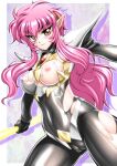  1girl armor bodysuit breasts cameltoe covered_navel covered_nipples damaged drop_shadow eyebrows_visible_through_hair gem long_hair looking_at_viewer magic_knight_rayearth nipples nova_(rayearth) pink_hair pointy_ears red_eyes sakura_ryuuken see-through shiny shiny_hair solo standing torn_bodysuit torn_clothes 