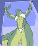  abs anthro athena_(f_draws) big_breasts bikini black_eyes breasts clothed clothing crocodile crocodilian crocodylid f_draws female fingers green_body green_scales half-closed_eyes hi_res looking_at_viewer looking_down low-angle_view muscular muscular_anthro muscular_female narrowed_eyes non-mammal_breasts portrait reptile scales scalie solo standing swimwear three-quarter_portrait yellow_sclera 