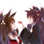  2girls :d absurdres aircraft airplane akagi-chan_(azur_lane) amagi-chan_(azur_lane) animal_ears arino_ayarei azur_lane bare_shoulders bell black_kimono blush breasts brown_hair cleavage expressionless fox_ears fox_girl fox_tail from_side hair_bell hair_ornament hand_up highres holding japanese_clothes kimono kitsune long_hair looking_at_another multiple_girls multiple_tails open_mouth orange_eyes parted_lips purple_eyes red_eyes red_kimono red_ribbon ribbon ribbon-trimmed_kimono short_hair small_breasts smile tail upper_body very_long_hair 