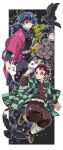  2boys belt bird black_hair black_legwear black_pants blue_eyes checkered_jacket commentary crow earrings fox_mask hair_slicked_back hakama_pants hanafuda haori highres holding holding_mask japanese_clothes jewelry kamado_tanjirou katana kimetsu_no_yaiba long_hair male_focus mask mask_removed multiple_boys pants ponytail red_eyes red_hair sandals sheath sheathed socks sword tomioka_giyuu tuduri weapon white_belt 