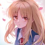  1girl bangs blonde_hair blue_vest blurry blurry_background brown_eyes cherry_blossoms collared_shirt commentary_request eyebrows_visible_through_hair highres long_hair looking_to_the_side nauxii necktie parted_lips petals portrait red_neckwear sakura-sou_no_pet_na_kanojo school_uniform shiina_mashiro shirt simple_background solo vest white_background white_shirt 