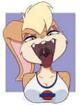  2021 anthro blonde_hair breasts buckteeth bust_portrait cleavage clothed clothing female fur gaping_mouth hair half-closed_eyes lagomorph leporid lola_bunny looney_tunes mammal mouth_shot narrowed_eyes open_mouth portrait rabbit rookiex solo space_jam tan_body tan_fur teeth tongue tongue_out uvula warner_brothers 