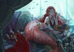  1girl absurdres armlet breasts cleavage commentary cup earrings fins fish food fruit grapes green_eyes highres jewelry liliantsai0417 long_hair lying mermaid monster_girl original pointy_ears red_hair scales solo underwater 