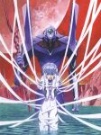  1girl absurdres ayanami_rei bandages bangs blue_hair bodysuit bracer breasts eva_00 full_moon gloves hair_between_eyes hands_on_own_face highres holding holding_weapon lance_of_longinus looking_at_viewer mecha moon neon_genesis_evangelion official_art one-eyed outdoors parted_lips pilot_suit plugsuit polearm red_eyes red_moon red_sky ruins sadamoto_yoshiyuki scan short_hair signature skinny sky small_breasts solo spear standing wading water weapon white_bodysuit 