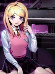  1girl ahoge akamatsu_kaede backpack bag black_skirt blonde_hair breasts danganronpa_(series) danganronpa_v3:_killing_harmony datcravat hair_ornament highres instrument kneehighs light_smile lips long_hair long_sleeves looking_at_viewer musical_note_hair_ornament necktie orange_neckwear piano purple_eyes randoseru shirt sitting skirt solo sweater_vest wariza white_shirt wing_collar 