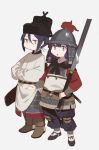  2girls armor belt black_hair blue_eyes boots fangdan_runiu hair_between_eyes hat helmet holding holding_sword holding_weapon multiple_girls original purple_hair sword weapon white_legwear yellow_eyes 