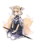  1girl animal_ears arknights bare_shoulders belt_pouch blonde_hair blue_hairband blue_ribbon blush cape chest_strap commentary dress embarrassed eyebrows_visible_through_hair fox_ears fox_tail frilled_cuffs frilled_dress frills full_body gloves green_eyes hair_rings hairband headset highres holding holding_staff id_card infection_monitor_(arknights) kyuubi multicolored_hair multiple_tails off-shoulder_dress off_shoulder oripathy_lesion_(arknights) pantyhose pouch purple_dress ribbon seiza single_glove sitting solo staff streaked_hair suzuran_(arknights) tail tearing_up torn_clothes torn_legwear white_background white_cape white_hair white_legwear wrist_cuffs yurooe 
