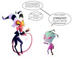  2021 alien alien_humanoid demon detailed dialogue digital_media_(artwork) english_text galo glowing glowing_eyes helluva_boss hi_res horn humanoid imp invader_zim irken male moxxie nickelodeon open_mouth simple_background size_difference standing text white_background zim 