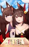  2girls :d absurdres akagi-chan_(azur_lane) amagi-chan_(azur_lane) animal_ears azur_lane bare_shoulders bell black_kimono blush breasts brown_hair cleavage day drooling food fox_ears fox_girl fox_tail hair_bell hair_ornament hands_together hands_up highres huge_filesize japanese_clothes kimono kitsune long_hair looking_at_food medium_hair multiple_girls multiple_tails open_mouth outdoors parted_lips purple_eyes red_eyes red_kimono samip slit_pupils small_breasts smile tail upper_body very_long_hair 