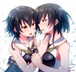  2girls absurdres artist_name asymmetrical_hair baileys_(tranquillity650) black_gloves black_hair black_swimsuit blush collarbone eyebrows_visible_through_hair gloves hair_between_eyes highres i-13_(kancolle) i-14_(kancolle) kantai_collection multiple_girls open_mouth partially_fingerless_gloves sailor_collar school_swimsuit short_hair signature simple_background swimsuit twitter_username upper_body white_background white_sailor_collar yellow_eyes 