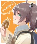  1girl ahoge alternate_costume bangs black_ribbon blue_eyes brown_cardigan brown_hair cardigan cat_hair_ornament commentary_request doughnut eating food food_focus food_on_face hair_between_eyes hair_ornament hair_ribbon highres hololive licking_lips mixed-language_commentary natsuiro_matsuri pon_de_ring profile ribbon school_uniform short_hair side_ponytail tatedano_kabae tongue tongue_out uniform virtual_youtuber 